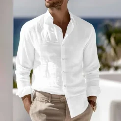 Outlet OUKU Men's Shirt Linen Shirt Summer Shirt Beach Wear Button Up Shirt Plain Vacation Curise Black White Pink Blue Long Sleeve Collar Spring & Summer Clothing Apparel