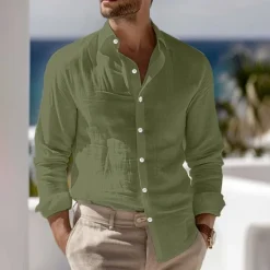 Outlet OUKU Men's Shirt Linen Shirt Summer Shirt Beach Wear Button Up Shirt Plain Vacation Curise Black White Pink Blue Long Sleeve Collar Spring & Summer Clothing Apparel