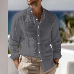 Outlet OUKU Men's Shirt Linen Shirt Summer Shirt Beach Wear Button Up Shirt Plain Vacation Curise Black White Pink Blue Long Sleeve Collar Spring & Summer Clothing Apparel