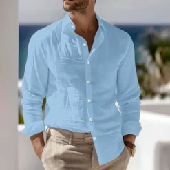 Outlet OUKU Men's Shirt Linen Shirt Summer Shirt Beach Wear Button Up Shirt Plain Vacation Curise Black White Pink Blue Long Sleeve Collar Spring & Summer Clothing Apparel
