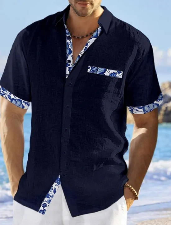 Online OUKU Men's Shirt Linen Shirt Summer Shirt Beach Wear Button Up Shirt Floral Vacation Curise White Pink Navy Blue Blue Short Sleeve Lapel Summer Clothing Apparel