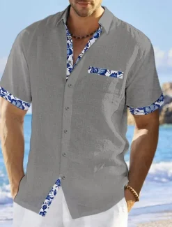 Online OUKU Men's Shirt Linen Shirt Summer Shirt Beach Wear Button Up Shirt Floral Vacation Curise White Pink Navy Blue Blue Short Sleeve Lapel Summer Clothing Apparel
