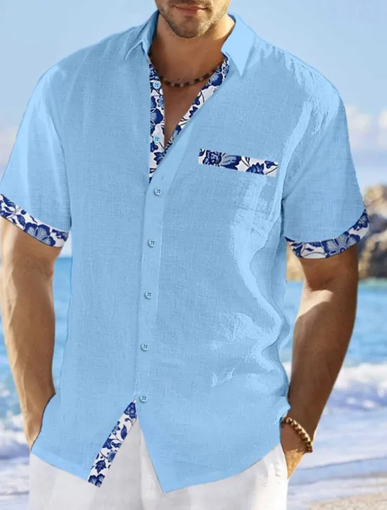 Online OUKU Men's Shirt Linen Shirt Summer Shirt Beach Wear Button Up Shirt Floral Vacation Curise White Pink Navy Blue Blue Short Sleeve Lapel Summer Clothing Apparel