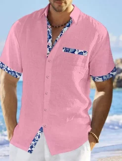 Online OUKU Men's Shirt Linen Shirt Summer Shirt Beach Wear Button Up Shirt Floral Vacation Curise White Pink Navy Blue Blue Short Sleeve Lapel Summer Clothing Apparel