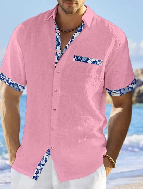 Online OUKU Men's Shirt Linen Shirt Summer Shirt Beach Wear Button Up Shirt Floral Vacation Curise White Pink Navy Blue Blue Short Sleeve Lapel Summer Clothing Apparel