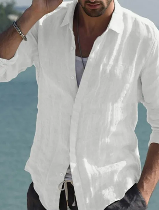 Discount OUKU Men's Shirt Linen Shirt Summer Shirt Beach Wear Button Up Shirt Solid Color Vacation Curise Black White Pink Navy Blue Long Sleeve Collar Spring & Summer Clothing Apparel Button-Down