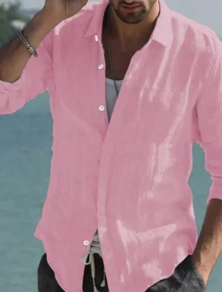 Discount OUKU Men's Shirt Linen Shirt Summer Shirt Beach Wear Button Up Shirt Solid Color Vacation Curise Black White Pink Navy Blue Long Sleeve Collar Spring & Summer Clothing Apparel Button-Down