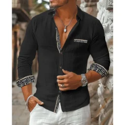 Online OUKU Men's Shirt Linen Shirt Summer Shirt Beach Wear Button Up Shirt Plain Casual Daily Black Orange Beige Long Sleeve Collar Spring & Summer Clothing Apparel