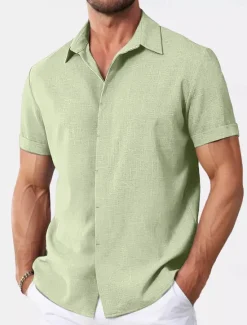 Discount OUKU Men's Shirt Linen Shirt Summer Shirt Casual Shirt Beach Shirt Button Down Shirt Plain Casual Daily Black White Pink Blue Short Sleeve Collar Summer Clothing Apparel
