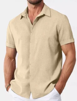 Discount OUKU Men's Shirt Linen Shirt Summer Shirt Casual Shirt Beach Shirt Button Down Shirt Plain Casual Daily Black White Pink Blue Short Sleeve Collar Summer Clothing Apparel