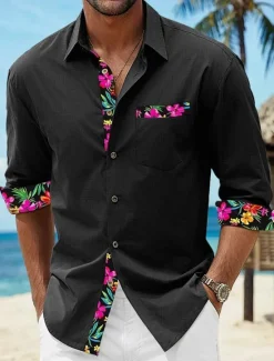 Online OUKU Men's Shirt Linen Shirt Summer Shirt Beach Wear Button Up Shirt Floral Vacation Curise Black White Pink Blue Long Sleeve Lapel Spring & Fall Clothing Apparel Splice