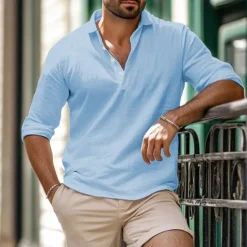 Discount OUKU Men's Shirt Linen Shirt Summer Shirt Beach Wear Plain Vacation Casual White Khaki Light Grey Light Blue Long Sleeve Lapel Spring & Summer Clothing Apparel