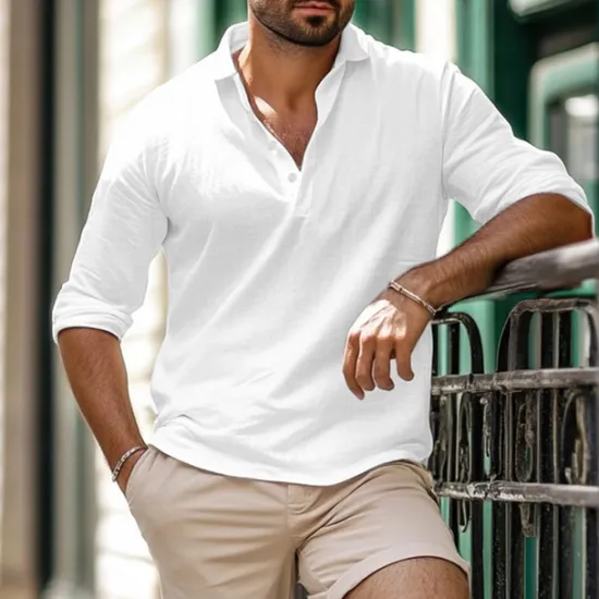 Discount OUKU Men's Shirt Linen Shirt Summer Shirt Beach Wear Plain Vacation Casual White Khaki Light Grey Light Blue Long Sleeve Lapel Spring & Summer Clothing Apparel