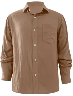Best OUKU Men's Shirt Linen Shirt Summer Shirt Beach Shirt Untucked Shirts Solid Color Outdoor Vacation Black Brown Green Khaki Long Sleeve Turndown Spring & Fall Clothing Apparel Button-Down