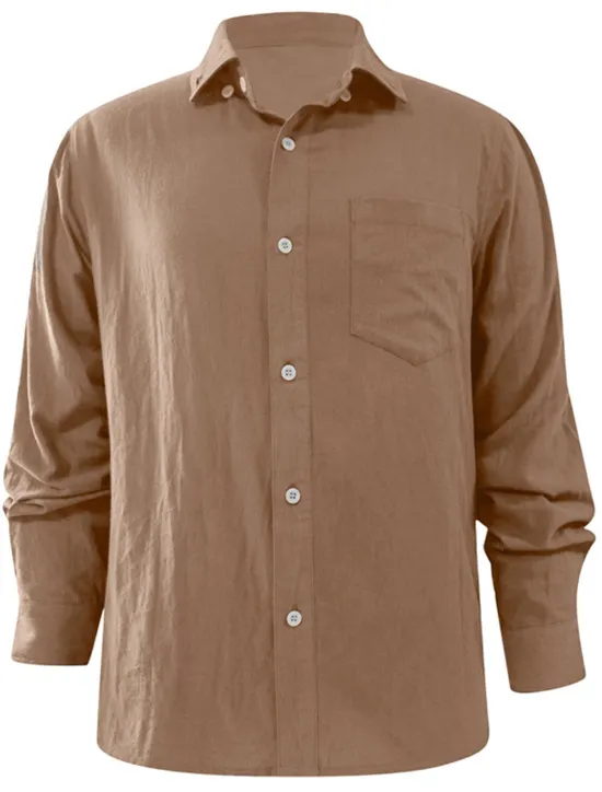 Best OUKU Men's Shirt Linen Shirt Summer Shirt Beach Shirt Untucked Shirts Solid Color Outdoor Vacation Black Brown Green Khaki Long Sleeve Turndown Spring & Fall Clothing Apparel Button-Down