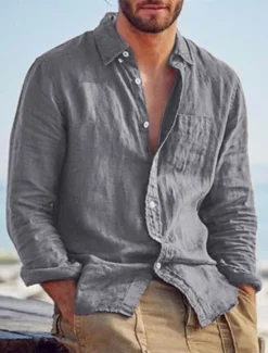 Best OUKU Men's Shirt Linen Shirt Summer Shirt Beach Shirt Untucked Shirts Solid Color Outdoor Vacation Black Brown Green Khaki Long Sleeve Turndown Spring & Fall Clothing Apparel Button-Down