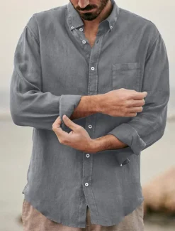 Best OUKU Men's Shirt Linen Shirt Summer Shirt Beach Shirt Untucked Shirts Solid Color Outdoor Vacation Black Brown Green Khaki Long Sleeve Turndown Spring & Fall Clothing Apparel Button-Down