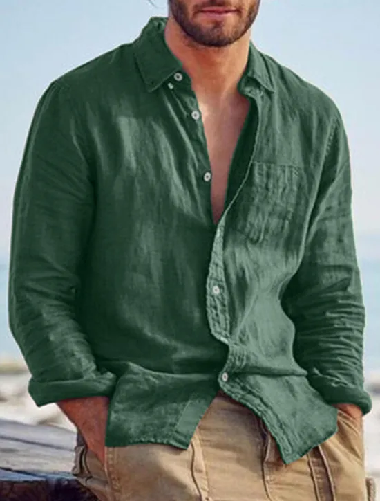 Best OUKU Men's Shirt Linen Shirt Summer Shirt Beach Shirt Untucked Shirts Solid Color Outdoor Vacation Black Brown Green Khaki Long Sleeve Turndown Spring & Fall Clothing Apparel Button-Down