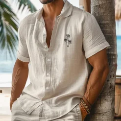 Online OUKU Men's Shirt Linen Shirt Summer Shirt Beach Wear Summer Hawaiian Shirt Button Up Shirt Solid Color Vacation Curise White Pink Blue Beige Short Sleeve Fold-over Collar Spring & Summer Clothing Apparel
