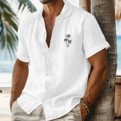 Online OUKU Men's Shirt Linen Shirt Summer Shirt Beach Wear Summer Hawaiian Shirt Button Up Shirt Solid Color Vacation Curise White Pink Blue Beige Short Sleeve Fold-over Collar Spring & Summer Clothing Apparel