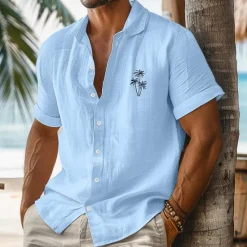 Online OUKU Men's Shirt Linen Shirt Summer Shirt Beach Wear Summer Hawaiian Shirt Button Up Shirt Solid Color Vacation Curise White Pink Blue Beige Short Sleeve Fold-over Collar Spring & Summer Clothing Apparel