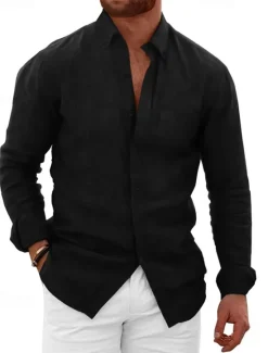 Best OUKU Men's Shirt Linen Shirt Summer Shirt Beach Wear Button Up Shirt Plain Vacation Casual Black White Blue Brown Long Sleeve Button Down Collar Spring & Summer Clothing Apparel