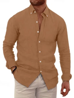 Best OUKU Men's Shirt Linen Shirt Summer Shirt Beach Wear Button Up Shirt Plain Vacation Casual Black White Blue Brown Long Sleeve Button Down Collar Spring & Summer Clothing Apparel