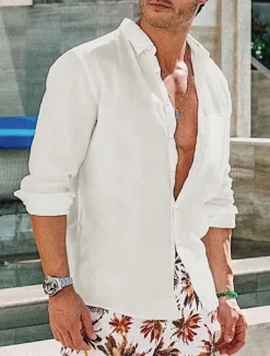 Best OUKU Men's Shirt Linen Shirt Summer Shirt Beach Wear Button Up Shirt Plain Vacation Casual Black White Blue Brown Long Sleeve Button Down Collar Spring & Summer Clothing Apparel