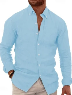 Best OUKU Men's Shirt Linen Shirt Summer Shirt Beach Wear Button Up Shirt Plain Vacation Casual Black White Blue Brown Long Sleeve Button Down Collar Spring & Summer Clothing Apparel