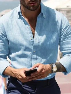 Best OUKU Men's Shirt Linen Shirt Summer Shirt Beach Wear Button Up Shirt Plain Vacation Casual Black White Blue Brown Long Sleeve Button Down Collar Spring & Summer Clothing Apparel