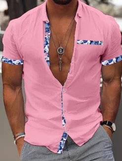 Best OUKU Men's Shirt Linen Shirt Summer Shirt Beach Wear Casual Shirt Button Up Shirt Color Block Vacation Curise Black White Pink Navy Blue Short Sleeve Lapel Summer Clothing Apparel Patchwork