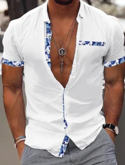 Best OUKU Men's Shirt Linen Shirt Summer Shirt Beach Wear Casual Shirt Button Up Shirt Color Block Vacation Curise Black White Pink Navy Blue Short Sleeve Lapel Summer Clothing Apparel Patchwork