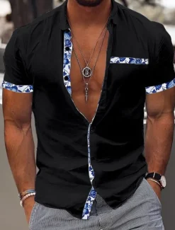 Best OUKU Men's Shirt Linen Shirt Summer Shirt Beach Wear Casual Shirt Button Up Shirt Color Block Vacation Curise Black White Pink Navy Blue Short Sleeve Lapel Summer Clothing Apparel Patchwork