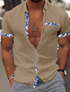 Best OUKU Men's Shirt Linen Shirt Summer Shirt Beach Wear Casual Shirt Button Up Shirt Color Block Vacation Curise Black White Pink Navy Blue Short Sleeve Lapel Summer Clothing Apparel Patchwork