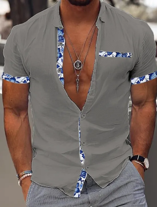 Best OUKU Men's Shirt Linen Shirt Summer Shirt Beach Wear Casual Shirt Button Up Shirt Color Block Vacation Curise Black White Pink Navy Blue Short Sleeve Lapel Summer Clothing Apparel Patchwork