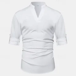 New OUKU Men's Shirt Linen Shirt Summer Shirt Beach Shirt Plain Vacation Hawaiian Long Sleeve V Neck Spring & Fall Clothing Apparel Button-Down White