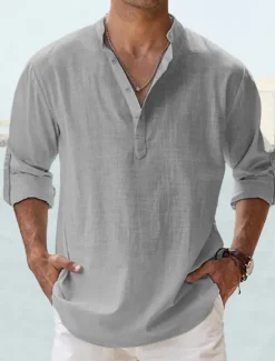 Online OUKU Men's Shirt Linen Shirt Summer Shirt Beach Shirt Plain Hawaiian Holiday Black White Pink Wine Long Sleeve Stand Collar Spring & Summer Clothing Apparel Basic