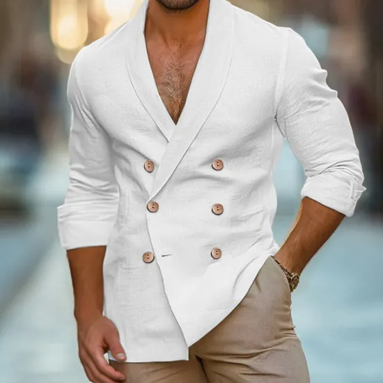 OUKU Men's Shirt Linen Shirt Summer Shirt Beach Shirt Solid Color Formal Party Evening Wear White Navy Blue Khaki Long Sleeve Shawl Collar Spring & Fall Cross-Seasons Clothing Apparel Buttons
