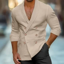 OUKU Men's Shirt Linen Shirt Summer Shirt Beach Shirt Solid Color Formal Party Evening Wear White Navy Blue Khaki Long Sleeve Shawl Collar Spring & Fall Cross-Seasons Clothing Apparel Buttons