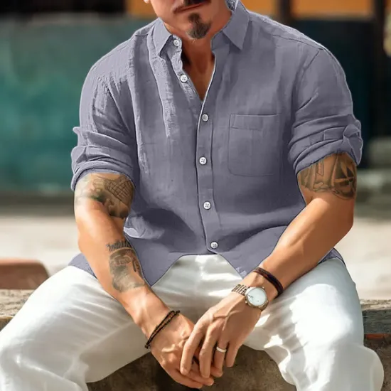 Sale OUKU Men's Shirt Linen Shirt Summer Shirt Beach Wear Casual Shirt Button Up Shirt Plain Casual Daily Black Navy Blue Brown Gray Long Sleeve Turndown Spring & Summer Clothing Apparel Front Pocket