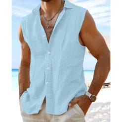 Outlet OUKU Men's Shirt Linen Shirt Summer Shirt Beach Wear Button Up Shirt Plain Vacation Curise White Pink Light Blue Sleeveless Collar Summer Spring Clothing Apparel