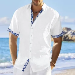 Hot OUKU Men's Shirt Linen Shirt Summer Shirt Beach Shirt White Pink Navy Blue Short Sleeve Floral Lapel Summer Casual Daily Clothing Apparel