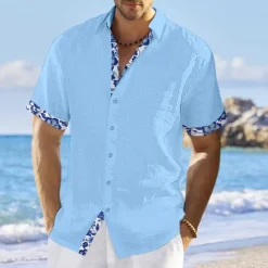 Hot OUKU Men's Shirt Linen Shirt Summer Shirt Beach Shirt White Pink Navy Blue Short Sleeve Floral Lapel Summer Casual Daily Clothing Apparel