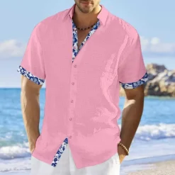 Hot OUKU Men's Shirt Linen Shirt Summer Shirt Beach Shirt White Pink Navy Blue Short Sleeve Floral Lapel Summer Casual Daily Clothing Apparel