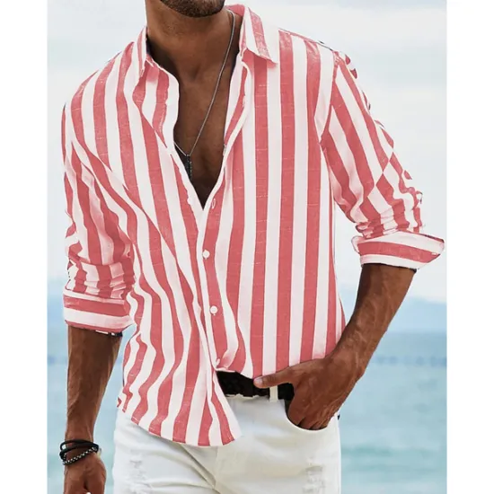 Outlet OUKU Men's Shirt Linen Shirt Summer Shirt Beach Shirt Cotton Linen Shirt Striped Shirts Striped Vacation Hawaiian Yellow Red Blue Green Long Sleeve Turndown Spring & Fall Clothing Apparel Button-Down