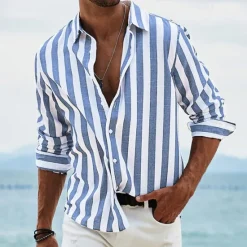 Outlet OUKU Men's Shirt Linen Shirt Summer Shirt Beach Shirt Cotton Linen Shirt Striped Shirts Striped Vacation Hawaiian Yellow Red Blue Green Long Sleeve Turndown Spring & Fall Clothing Apparel Button-Down