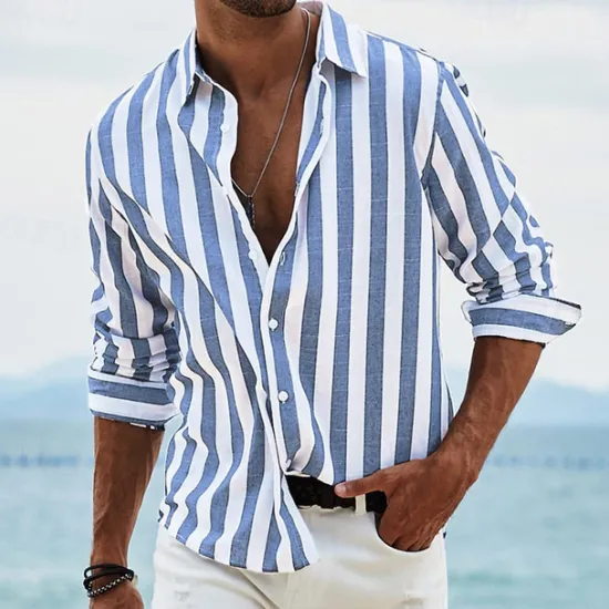 Outlet OUKU Men's Shirt Linen Shirt Summer Shirt Beach Shirt Cotton Linen Shirt Striped Shirts Striped Vacation Hawaiian Yellow Red Blue Green Long Sleeve Turndown Spring & Fall Clothing Apparel Button-Down