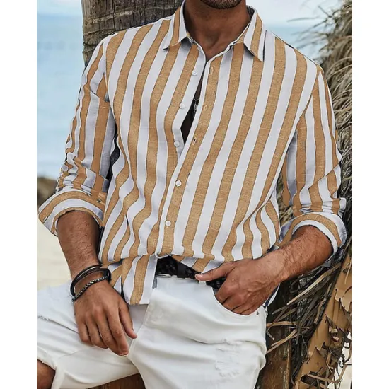 Outlet OUKU Men's Shirt Linen Shirt Summer Shirt Beach Shirt Cotton Linen Shirt Striped Shirts Striped Vacation Hawaiian Yellow Red Blue Green Long Sleeve Turndown Spring & Fall Clothing Apparel Button-Down