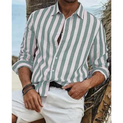 Outlet OUKU Men's Shirt Linen Shirt Summer Shirt Beach Shirt Cotton Linen Shirt Striped Shirts Striped Vacation Hawaiian Yellow Red Blue Green Long Sleeve Turndown Spring & Fall Clothing Apparel Button-Down