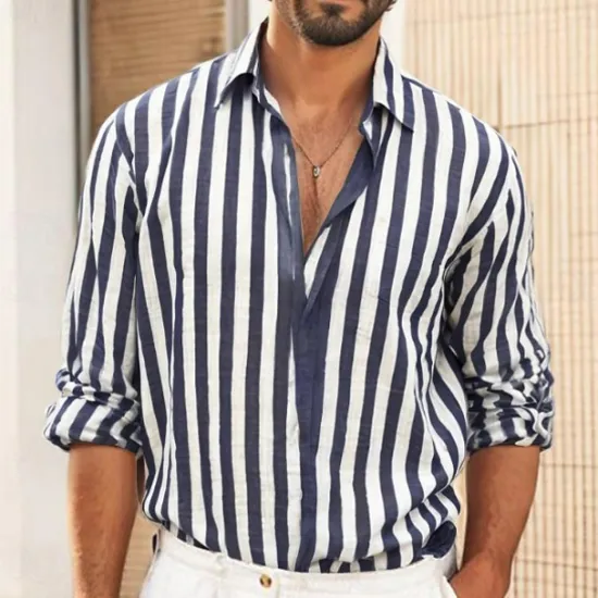 Outlet OUKU Men's Shirt Linen Shirt Summer Shirt Beach Shirt Cotton Linen Shirt Striped Shirts Striped Vacation Hawaiian Yellow Red Blue Green Long Sleeve Turndown Spring & Fall Clothing Apparel Button-Down